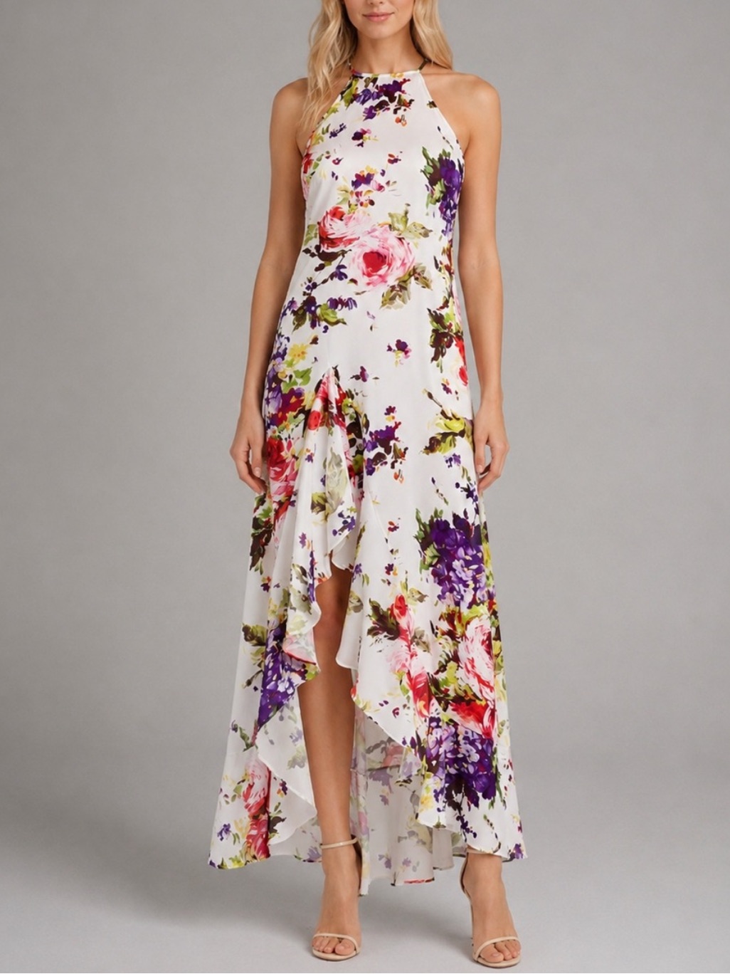 Jay Godfrey Floral High Low Halter Dress White Pink Purple Size 6 25864